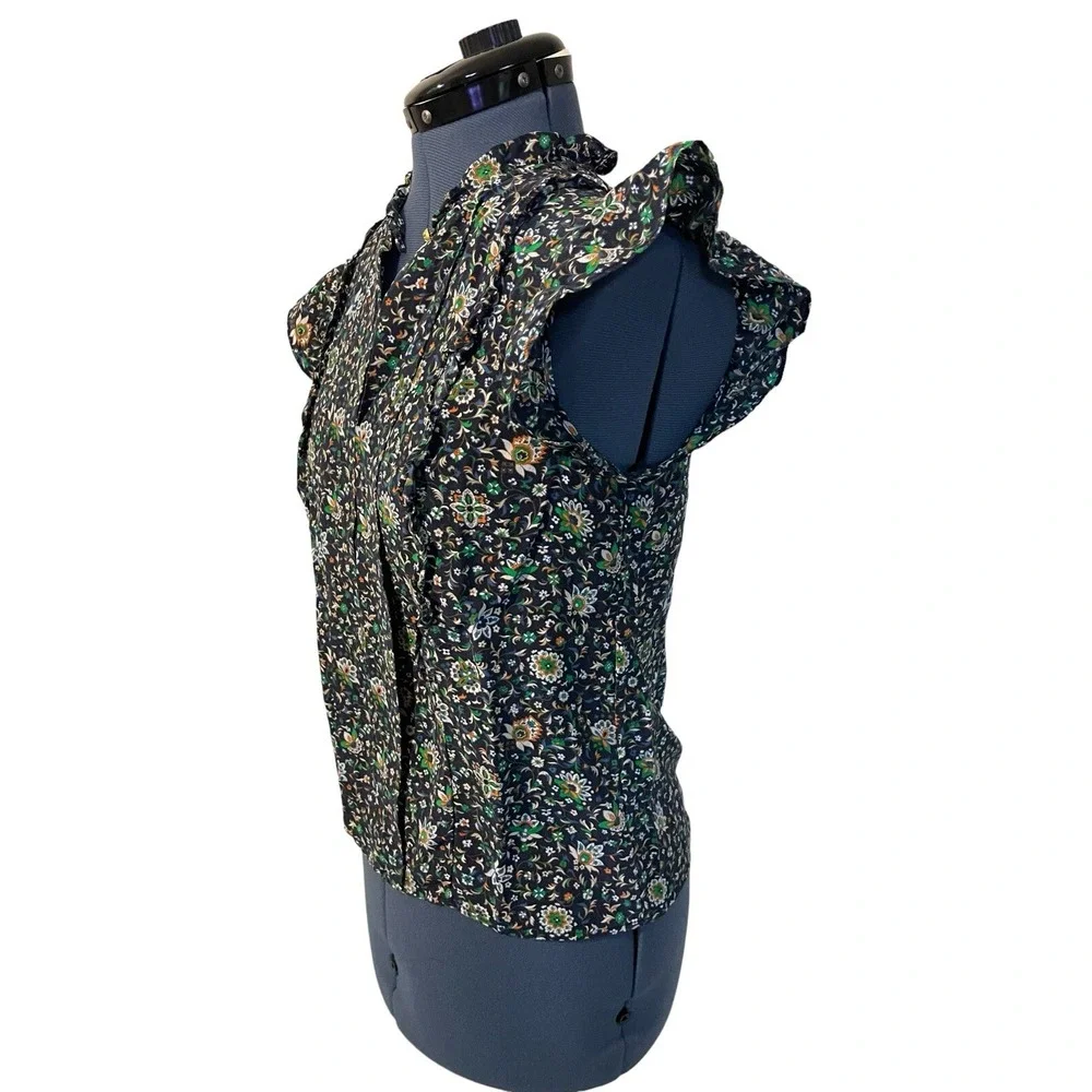 Tory Burch Silk Navy Floral Flutter Cap Sleeve Top Prairie Peasant Preppy Y2K 0